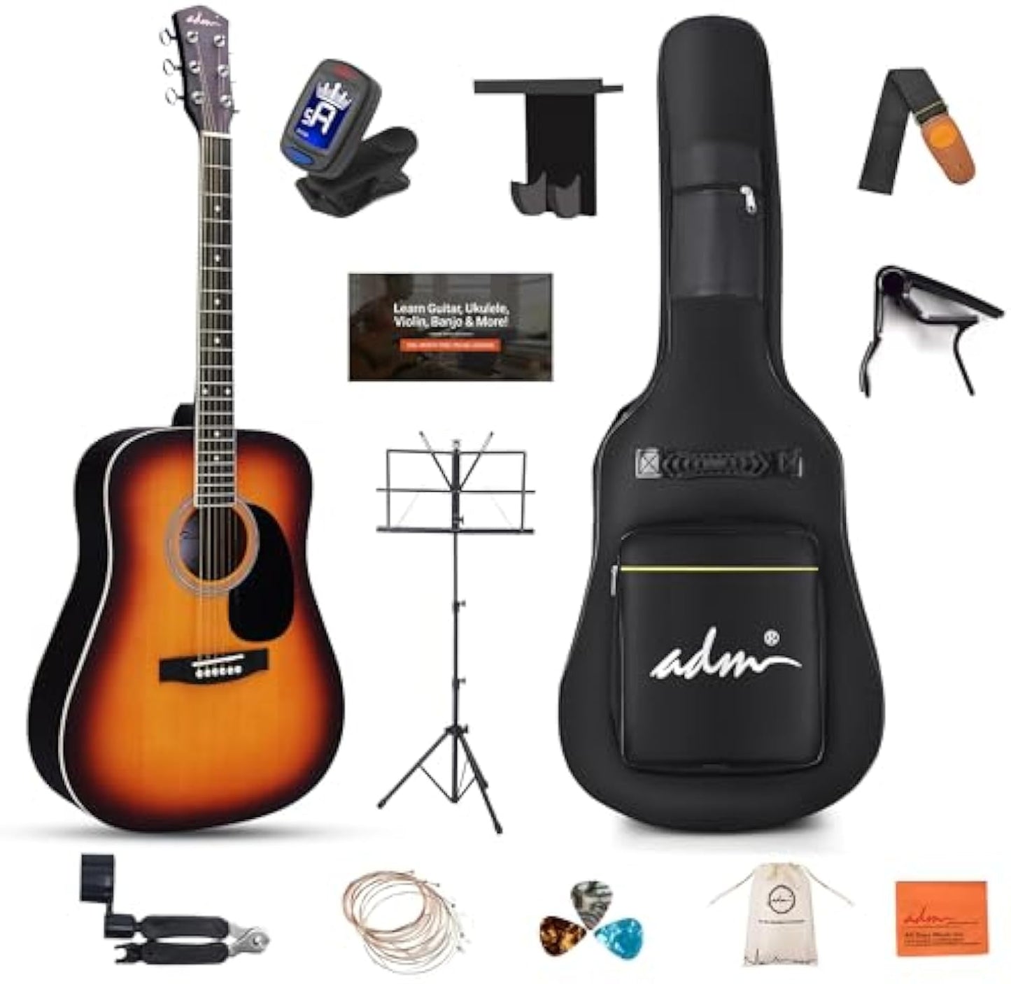 ADM Dreadnought Acoustic Guitar Kit with Free Online Lesson for Beginner Adult Teen Full Size Acustica Guitarra Starter Bundle Set