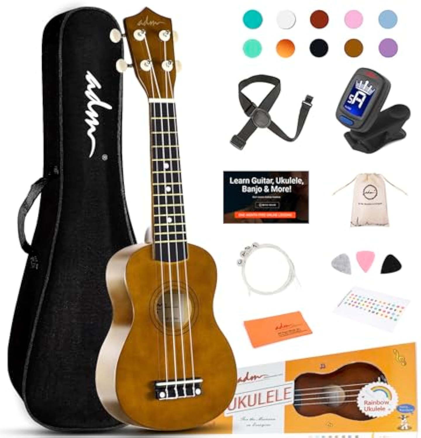 ADM Ukulele for Beginners Hawaiian Wood Ukelele Kit for Kids Adult Student Starter Professional Ukalelee Pack Bundle with Free Lessons Gig Bag Strap Nylon String Tuner (Mocha, 21 Inch)