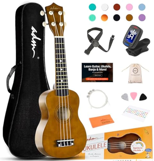 ADM Ukulele for Beginners Hawaiian Wood Ukelele Kit for Kids Adult Student Starter Professional Ukalelee Pack Bundle with Free Lessons Gig Bag Strap Nylon String Tuner (Mocha, 21 Inch)