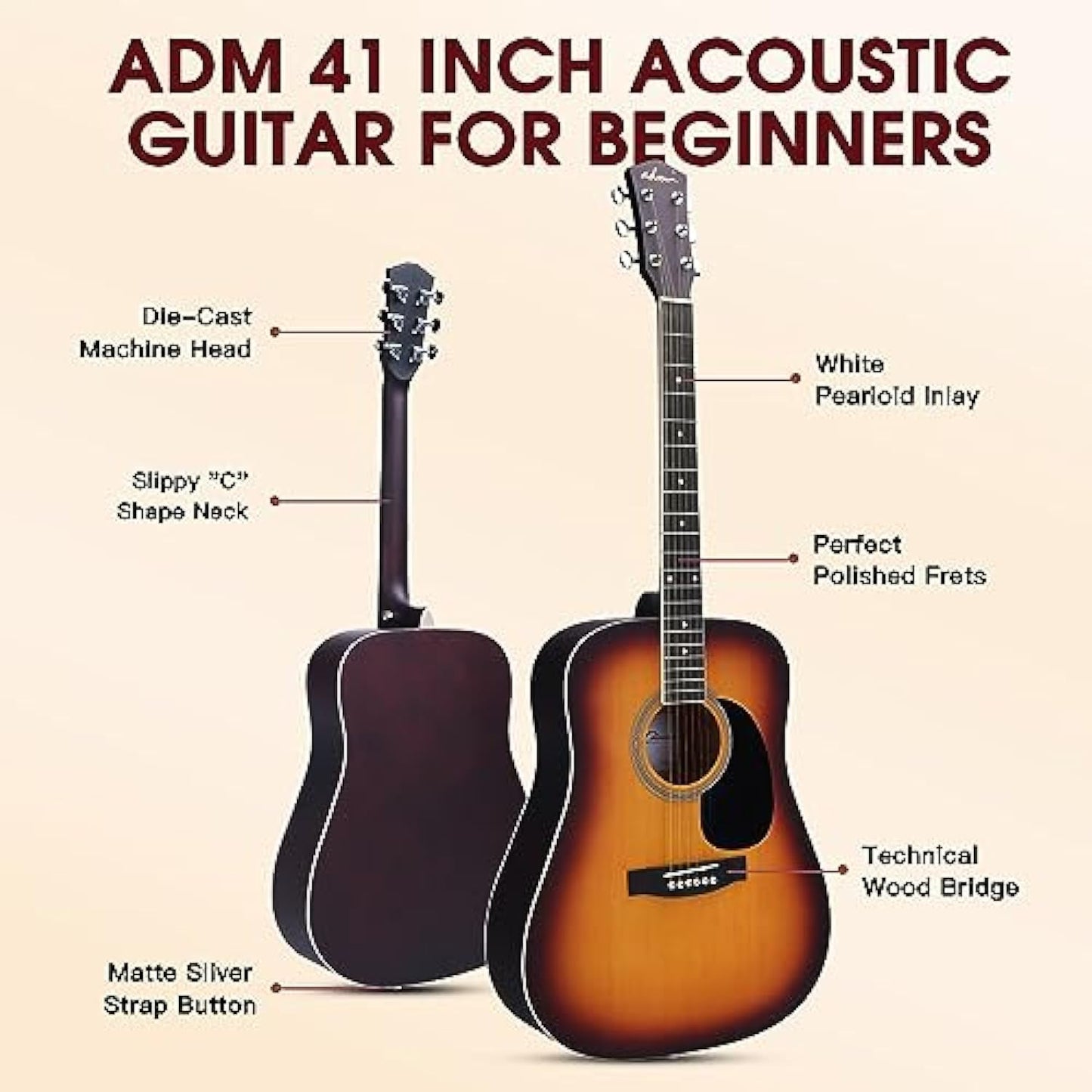 ADM Dreadnought Acoustic Guitar Kit with Free Online Lesson for Beginner Adult Teen Full Size Acustica Guitarra Starter Bundle Set