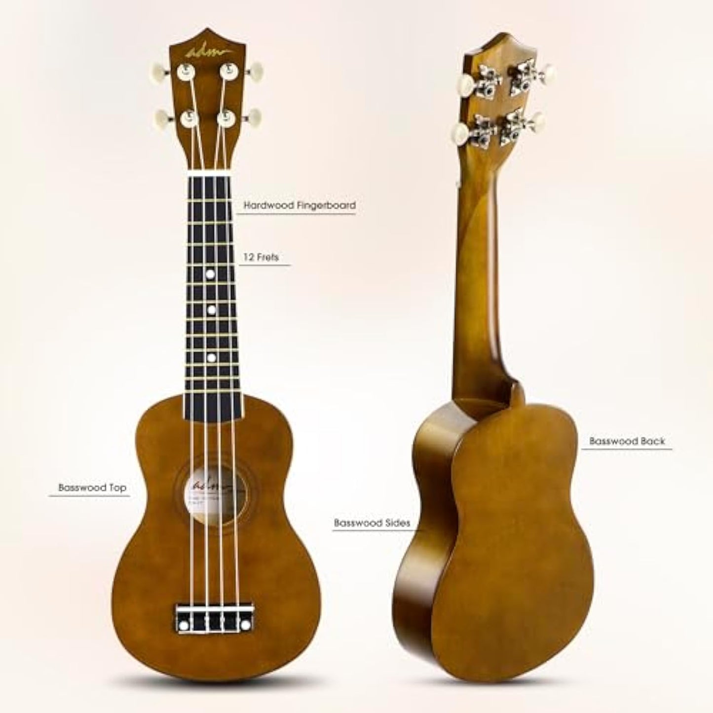 ADM Ukulele for Beginners Hawaiian Wood Ukelele Kit for Kids Adult Student Starter Professional Ukalelee Pack Bundle with Free Lessons Gig Bag Strap Nylon String Tuner (Mocha, 21 Inch)