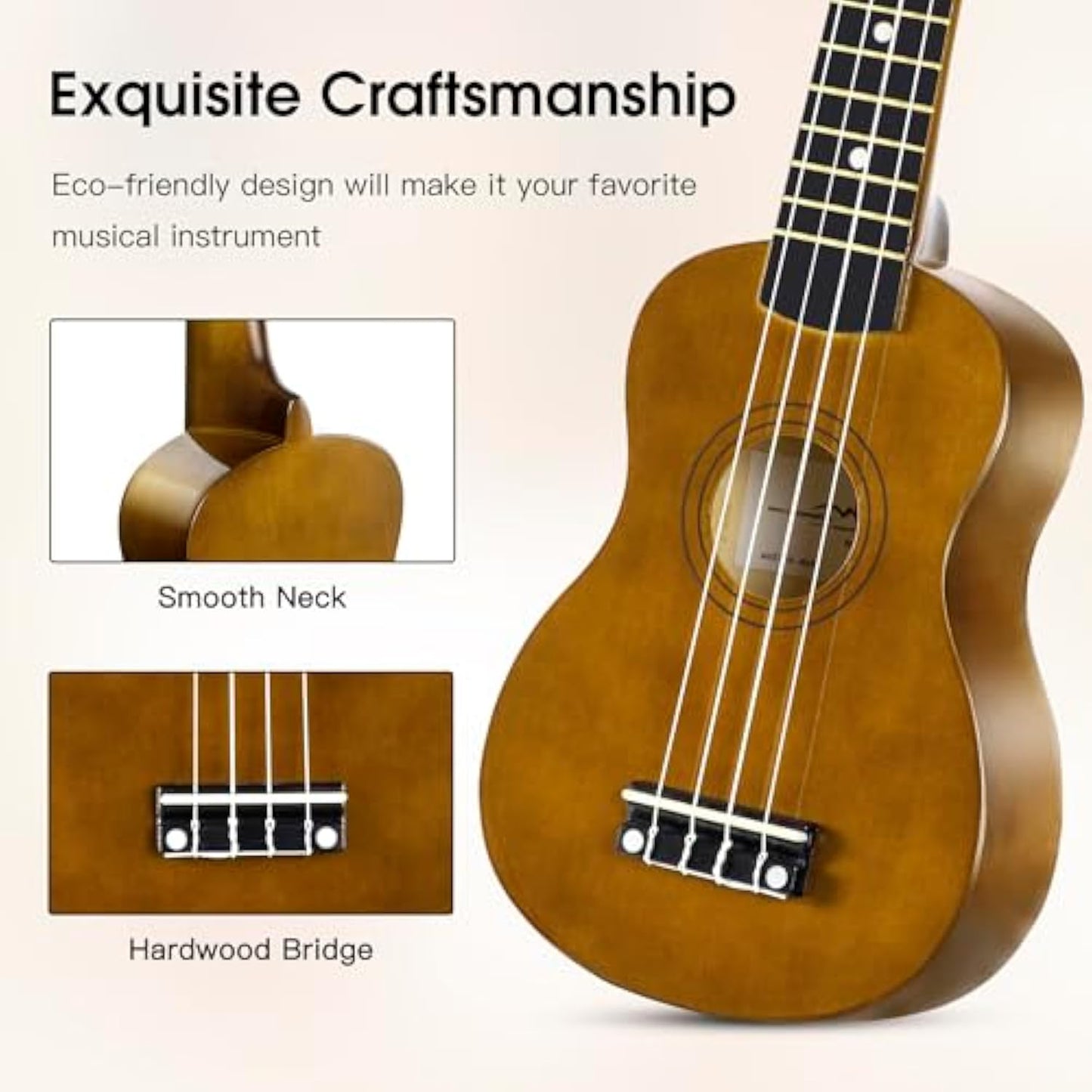 ADM Ukulele for Beginners Hawaiian Wood Ukelele Kit for Kids Adult Student Starter Professional Ukalelee Pack Bundle with Free Lessons Gig Bag Strap Nylon String Tuner (Mocha, 21 Inch)