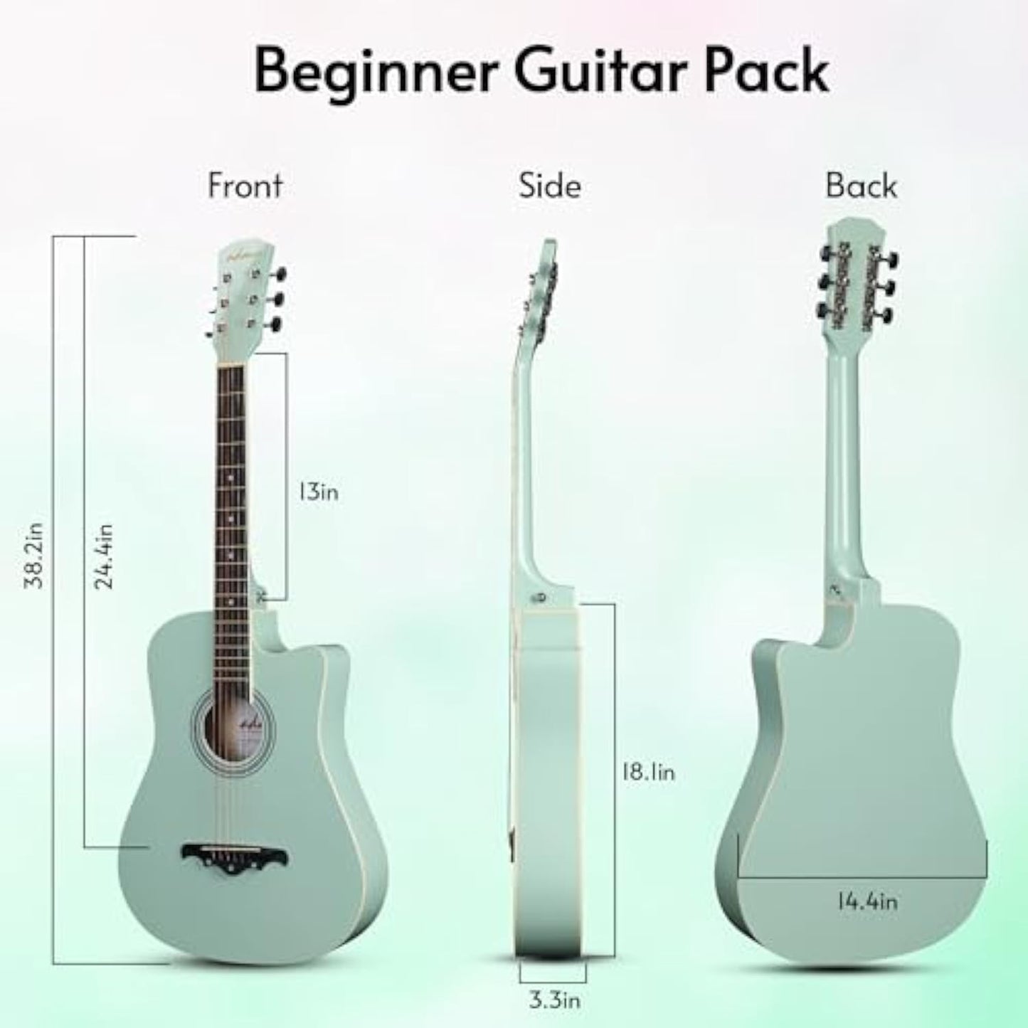 ADM 38" Inch Acoustic Guitar Bundle for Beginners Adults with Online Lesson, Cutaway Wood Acustica Guitarra Starter Set Package with Gig Bag, Strap, Steel Strings, Picks, Capos, Stand, Green