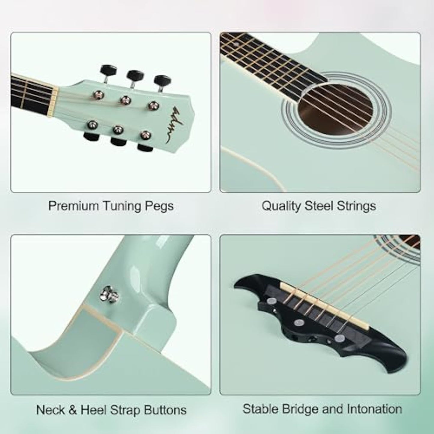 ADM 38" Inch Acoustic Guitar Bundle for Beginners Adults with Online Lesson, Cutaway Wood Acustica Guitarra Starter Set Package with Gig Bag, Strap, Steel Strings, Picks, Capos, Stand, Green
