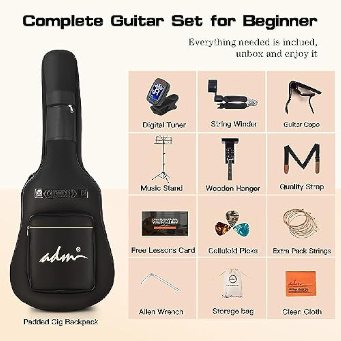 ADM Dreadnought Acoustic Guitar Kit with Free Online Lesson for Beginner Adult Teen Full Size Acustica Guitarra Starter Bundle Set