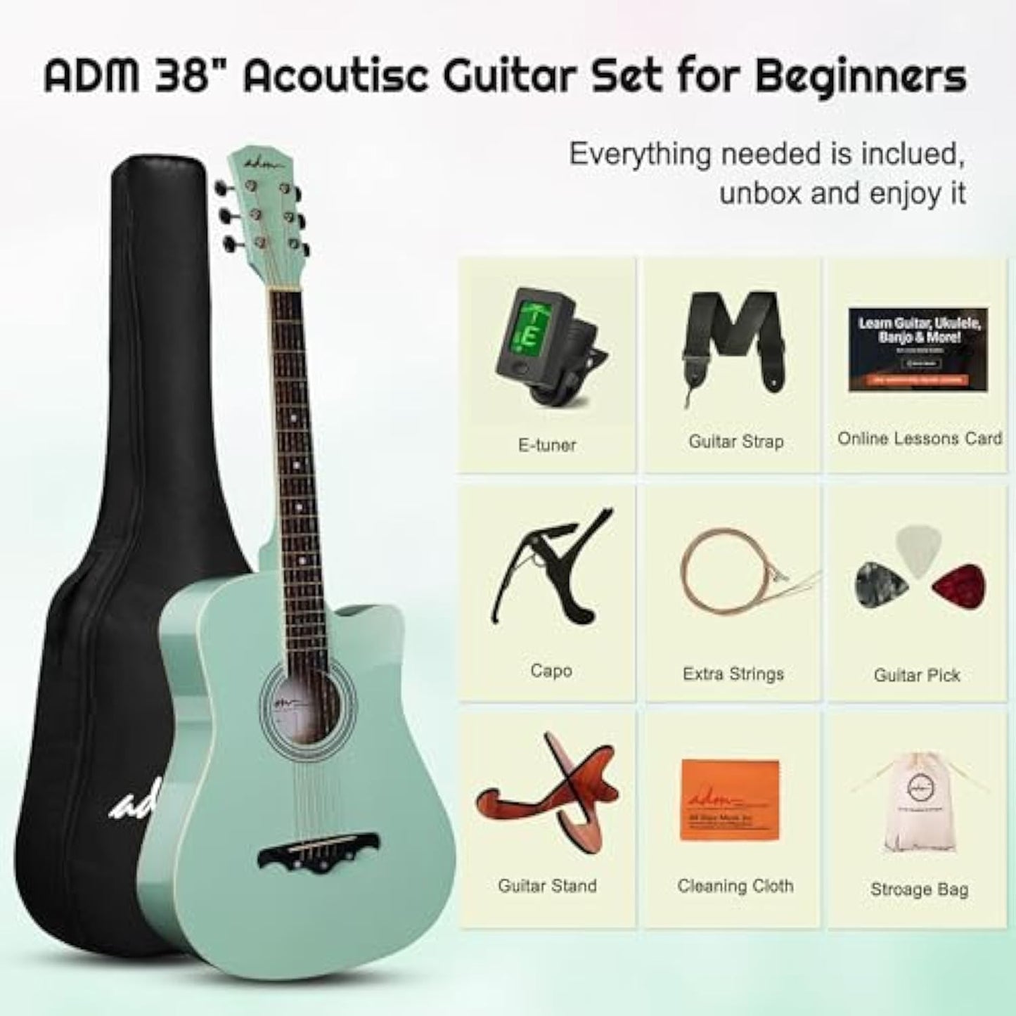 ADM 38" Inch Acoustic Guitar Bundle for Beginners Adults with Online Lesson, Cutaway Wood Acustica Guitarra Starter Set Package with Gig Bag, Strap, Steel Strings, Picks, Capos, Stand, Green
