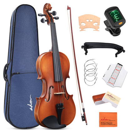 ADM Wood Violin Set for Kids Teens Students Adults Beginner Acoustic Violin Matte Fiddle Starter Kit with Hard Case, Rosin, Shoulder Rest, Bow, Clip-on Tuner and Fingerboard Sticker