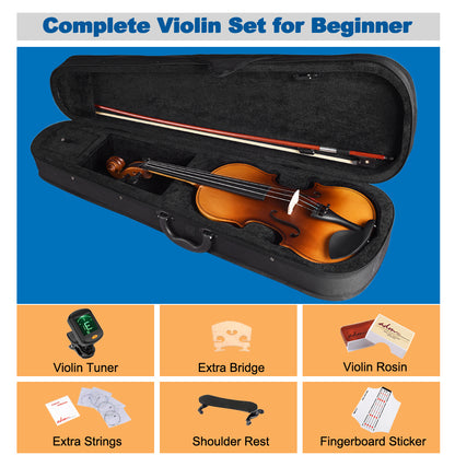 ADM Violin 4/4 Full Size, Adults Violin Beginner Set with Fingerboard Sticker, Shoulder Rest and Tuner