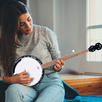 ADM 5 String Full Size Banjo Guitar Kit with Remo Drum Head and Geared 5th Tuner, 24 Bracket Beginner Banjoe Set Gift Package,Glossy Brown