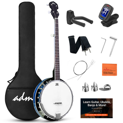 ADM 5 String Full Size Banjo Guitar Kit with Remo Drum Head and Geared 5th Tuner, 24 Bracket Beginner Banjoe Set Gift Package,Glossy Brown