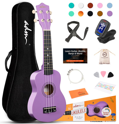 ADM Ukulele for Beginners Hawaiian Wood Ukelele Kit for Kids Adult Student Starter Professional Ukalelee Pack Bundle with Free Lessons Gig Bag Strap Nylon String Tuner (Light Purple, 21 Inch)