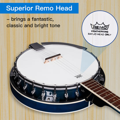 ADM 5 String Full Size Banjo Guitar Kit with Remo Drum Head and Geared 5th Tuner, 24 Bracket Beginner Banjoe Set Gift Package,Glossy Brown