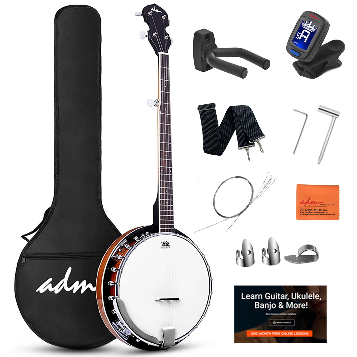 Banjo Riser Kit ADM 5 String Full Size Banjo Guitar Kit with Remo Drum Head and Geared ...