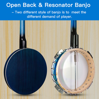 ADM 5 String Full Size Banjo Guitar Kit with Remo Drum Head and Geared 5th Tuner, 24 Bracket Beginner Banjoe Set Gift Package,Glossy Brown