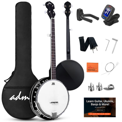 ADM 5 String Full Size Banjo Guitar Kit with Remo Drum Head and Geared 5th Tuner, 24 Bracket Beginner Banjoe Set Gift Package,Glossy Brown