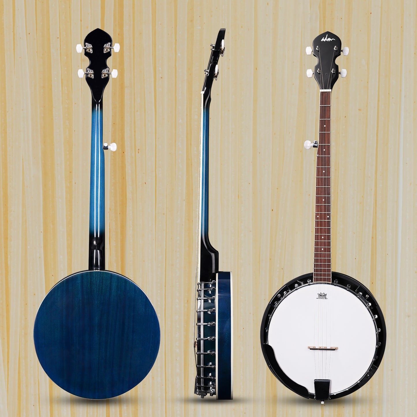 ADM 5 String Full Size Banjo Guitar Kit with Remo Drum Head and Geared 5th Tuner, 24 Bracket Beginner Banjoe Set Gift Package