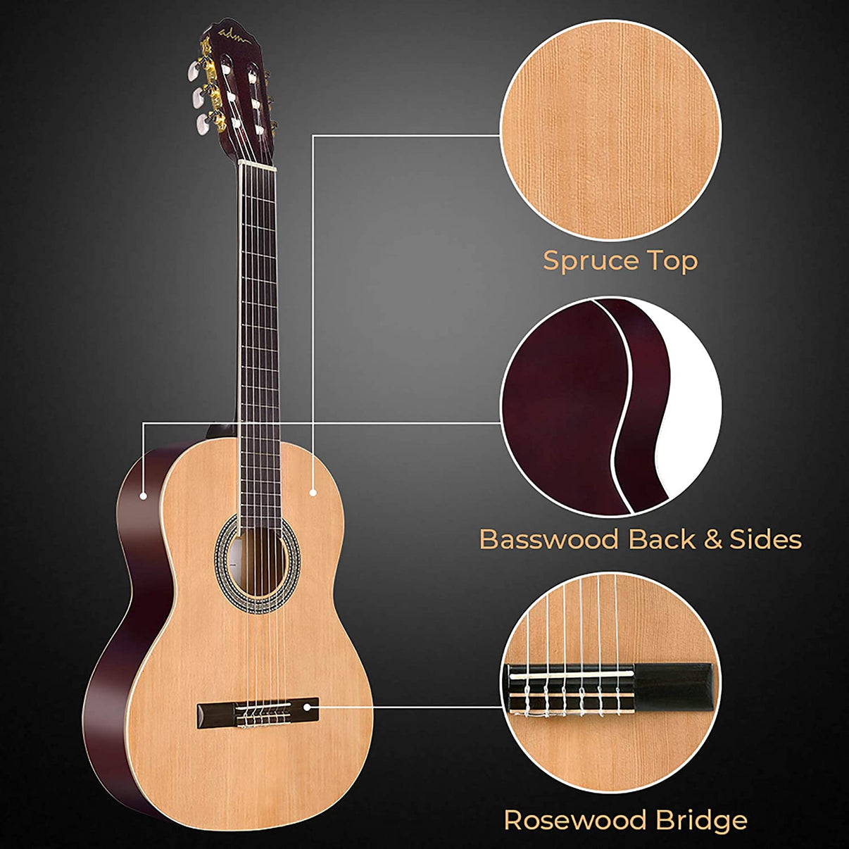 ADM Full Size Classical Nylon Strings Acoustic Guitar 39 Inch Classic ...