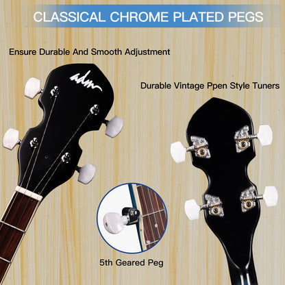 ADM 5 String Full Size Banjo Guitar Kit with Remo Drum Head and Geared 5th Tuner, 24 Bracket Beginner Banjoe Set Gift Package,Glossy Black