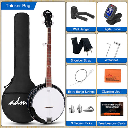 ADM 5 String Full Size Banjo Guitar Kit with Remo Drum Head and Geared 5th Tuner, 24 Bracket Beginner Banjoe Set Gift Package,Glossy Brown