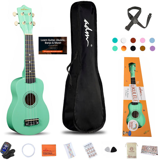 ADM Ukulele for Beginners Hawaiian Wood Ukelele Kit for Kids Adult Student Starter Professional Ukalelee Pack Bundle with Free Lessons Gig Bag Strap Nylon String Tuner (Cyan Green, 21 Inch)