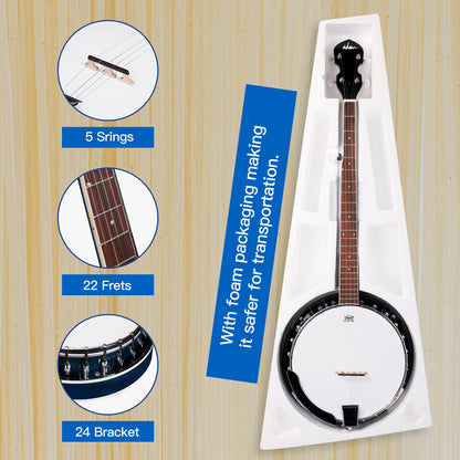 ADM 5 String Full Size Banjo Guitar Kit with Remo Drum Head and Geared 5th Tuner, 24 Bracket Beginner Banjoe Set Gift Package,Glossy Brown