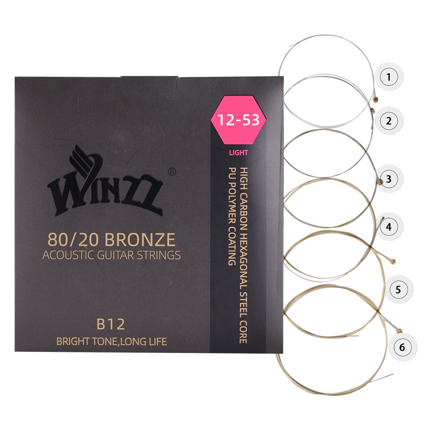WINZZ Acoustic Guitar Strings Set – Hex Core High Carbon Steel with 80/20 Bronze Wound and Anti-Rust PU Coating