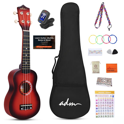 ADM Ukulele for Beginners Hawaiian Wood Ukelele Kit for Kids Adult Student Starter Professional Ukalelee Pack Bundle with Free Lessons Gig Bag Strap Nylon String Tuner (Brownbrust, 21 Inch)