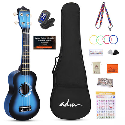 ADM Ukulele for Beginners Hawaiian Wood Ukelele Kit for Kids Adult Student Starter Professional Ukalelee Pack Bundle with Free Lessons Gig Bag Strap Nylon String Tuner (Bluebrust, 21 Inch)
