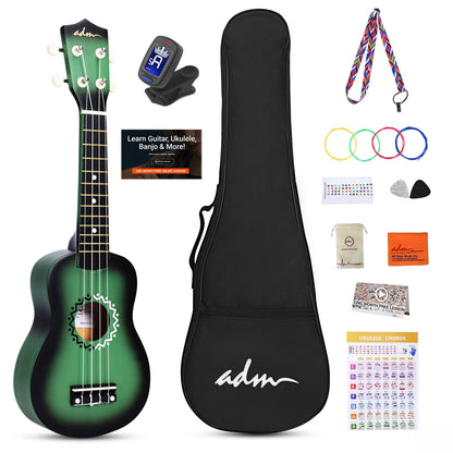 ADM Ukulele for Beginners Hawaiian Wood Ukelele Kit for Kids Adult Student Starter Professional Ukalelee Pack Bundle with Free Lessons Gig Bag Strap Nylon String Tuner (Greenbrust, 21 Inch)