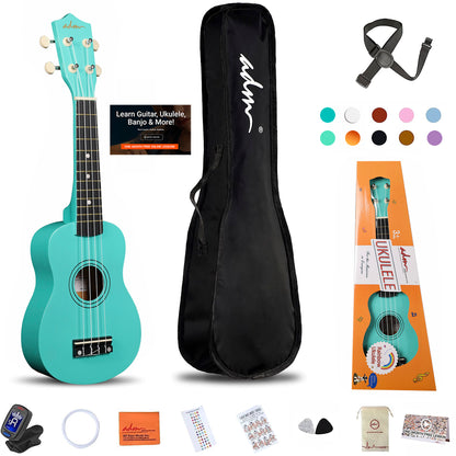 ADM Ukulele for Beginners Hawaiian Wood Ukelele Kit for Kids Adult Student Starter Professional Ukalelee Pack Bundle with Free Lessons Gig Bag Strap Nylon String Tuner (Mint Green, 21 Inch