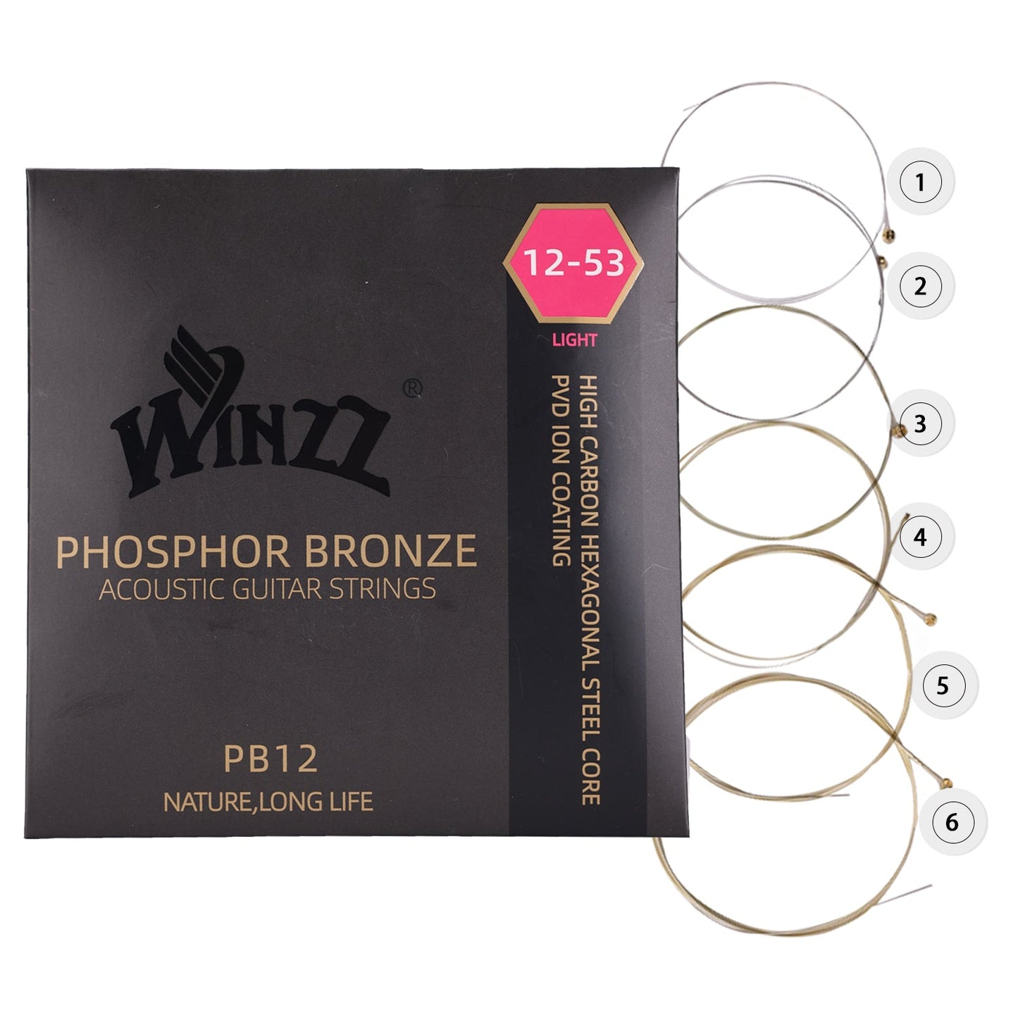 WINZZ Acoustic Guitar Strings Set – Hex Core High Carbon Steel with Phosphor Bronze Wound and Anti-Rust PVD Coating