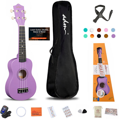 ADM Ukulele for Beginners Hawaiian Wood Ukelele Kit for Kids Adult Student Starter Professional Ukalelee Pack Bundle with Free Lessons Gig Bag Strap Nylon String Tuner (Light Purple, 21 Inch)