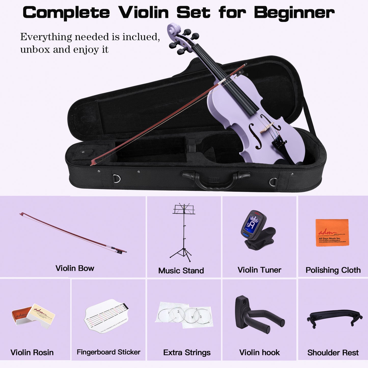 ADM Acoustic Violin for Kids Beginners,1/4 Size Acoustic Violin Fiddle for Teens Students Violin Starter Kit with Hard Case, Rosin, Shoulder Rest, Bow, Violin Music Stand and Strings,Purple