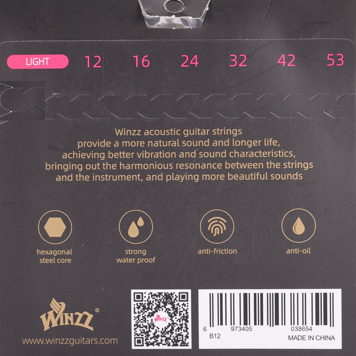 WINZZ Acoustic Guitar Strings Set – Hex Core High Carbon Steel with 80/20 Bronze Wound and Anti-Rust PU Coating