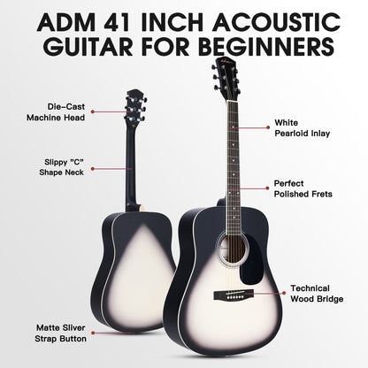 ADM Dreadnought Acoustic Guitar Kit with Free Lesson for Beginner Adult Teen Full Size Acustica Guitarra Starter Bundle Set with Bag Strap Tuner Capo Pickguard Music Stand, Right Hand(Grey, 41 Inch)