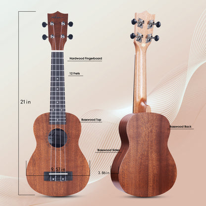 ADM Ukulele for Beginners Hawaiian Wood Ukelele Kit for Kids Adult Student Starter Professional Ukalelee Pack Bundle with Free Lessons Gig Bag Strap Nylon String Tuner (Brown-Sapele, 21 Inch)