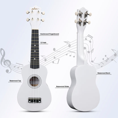 ADM Ukulele for Beginners Hawaiian Wood Ukelele Kit for Kids Adult Student Starter Professional Ukalelee Pack Bundle with Free Lessons Gig Bag Strap Nylon String Tuner (White, 21 Inch)