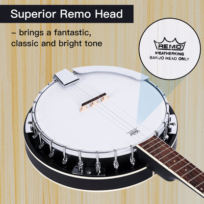 ADM 5 String Full Size Banjo Guitar Kit with Remo Drum Head and Geared 5th Tuner, 24 Bracket Beginner Banjoe Set Gift Package,Glossy Black