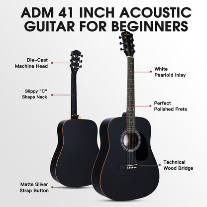 ADM Dreadnought Acoustic Guitar Kit with Free Lesson for Beginner Adult Teen Full Size Acustica Guitarra Starter Bundle Set w/Bag Strap Tuner Capo Pickguard Music Stand Right Hand(Black 1, 41 Inch)