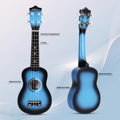 ADM Ukulele for Beginners Hawaiian Wood Ukelele Kit for Kids Adult Student Starter Professional Ukalelee Pack Bundle with Free Lessons Gig Bag Strap Nylon String Tuner (Bluebrust, 21 Inch)