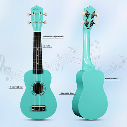 ADM Ukulele for Beginners Hawaiian Wood Ukelele Kit for Kids Adult Student Starter Professional Ukalelee Pack Bundle with Free Lessons Gig Bag Strap Nylon String Tuner (Mint Green, 21 Inch