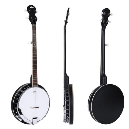 ADM 5 String Full Size Banjo Guitar Kit with Remo Drum Head and Geared 5th Tuner, 24 Bracket Beginner Banjoe Set Gift Package,Glossy Black
