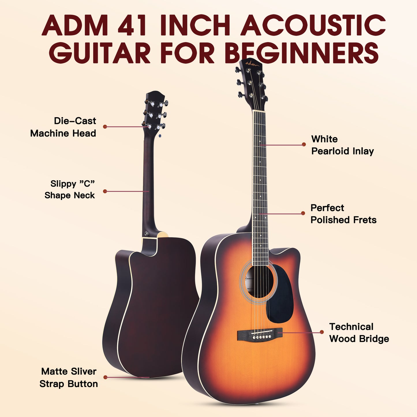 ADM Cutaway Acoustic Guitar Kit with Free Lesson for Beginner Adult Teen Full Size Acustica Guitarra Starter Bundle Set w/Bag Strap Tuner Capo Music Stand Right Hand(Sunburst-Cutaway, 41 Inch)
