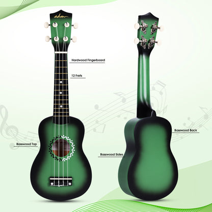 ADM Ukulele for Beginners Hawaiian Wood Ukelele Kit for Kids Adult Student Starter Professional Ukalelee Pack Bundle with Free Lessons Gig Bag Strap Nylon String Tuner (Greenbrust, 21 Inch)