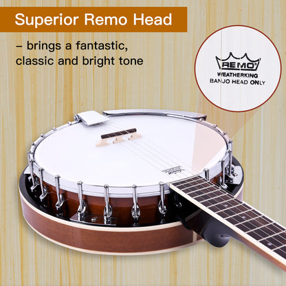 ADM 5 String Full Size Banjo Guitar Kit with Remo Drum Head and Geared 5th Tuner, 24 Bracket Beginner Banjoe Set Gift Package,Glossy Brown