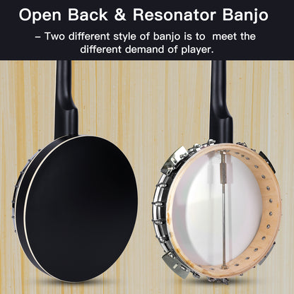 ADM 5 String Full Size Banjo Guitar Kit with Remo Drum Head and Geared 5th Tuner, 24 Bracket Beginner Banjoe Set Gift Package,Glossy Black