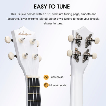 ADM Ukulele for Beginners Hawaiian Wood Ukelele Kit for Kids Adult Student Starter Professional Ukalelee Pack Bundle with Free Lessons Gig Bag Strap Nylon String Tuner (White, 21 Inch)