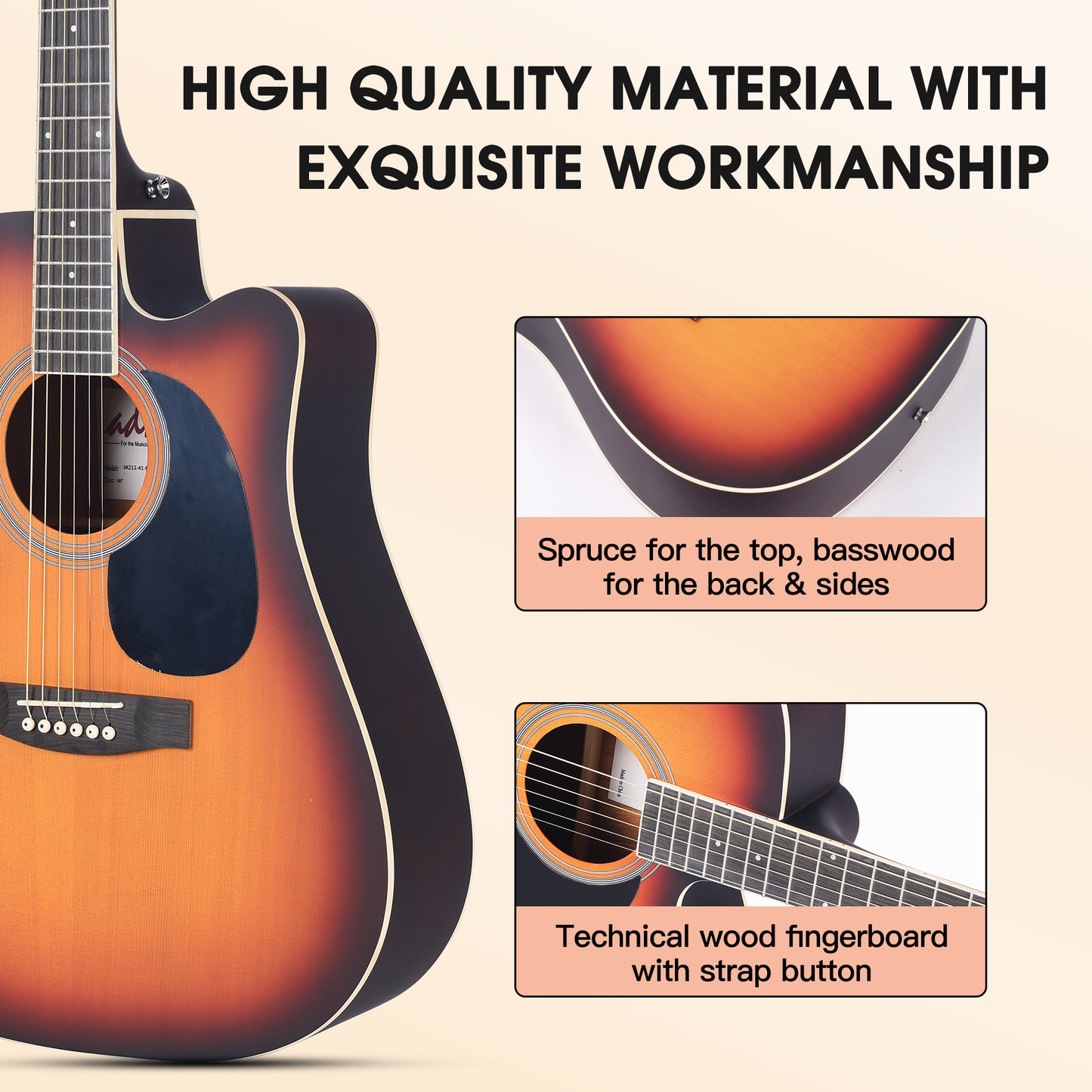 ADM Cutaway Acoustic Guitar Kit with Free Lesson for Beginner Adult Teen Full Size Acustica Guitarra Starter Bundle Set w/Bag Strap Tuner Capo Music Stand Right Hand(Sunburst-Cutaway, 41 Inch)