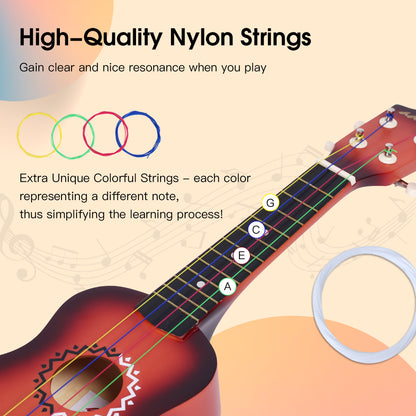 ADM Ukulele for Beginners Hawaiian Wood Ukelele Kit for Kids Adult Student Starter Professional Ukalelee Pack Bundle with Free Lessons Gig Bag Strap Nylon String Tuner (Brownbrust, 21 Inch)
