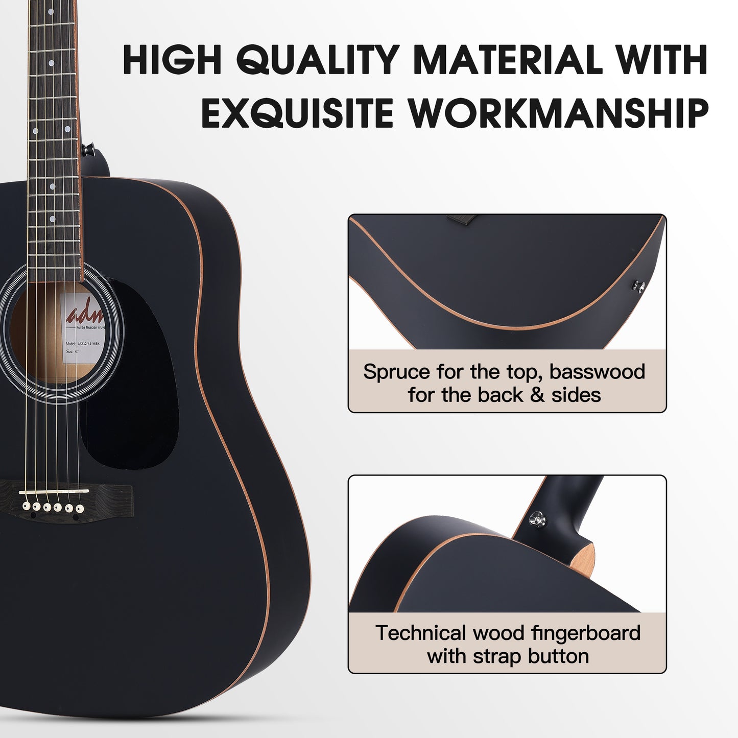 ADM Dreadnought Acoustic Guitar Kit with Free Lesson for Beginner Adult Teen Full Size Acustica Guitarra Starter Bundle Set w/Bag Strap Tuner Capo Pickguard Music Stand Right Hand(Black 1, 41 Inch)